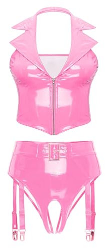 Freebily Damen Wetlook Dessous Set Lack Leder Weste Crop Top Ouvert G-String Strapse Slip Set Erotik Lingerie Nachtclub Gogo Outfit Clubwear Rosa M