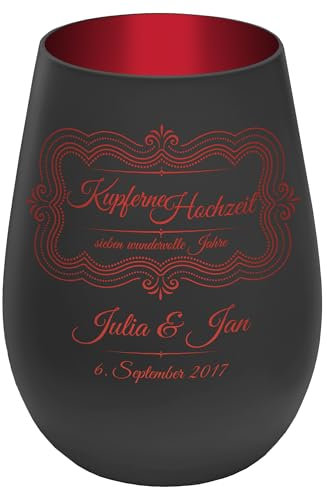 Windlicht mit Gravur ''7 Jahre Kupferne Hochzeit'' - Schwarz/Rot - Glas Teelichthalter personalisierbar mit Wunschtext - Geschenk zu Hochzeit Jahrestag Jubiläum