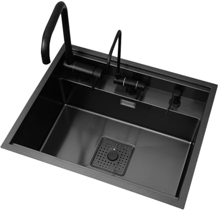 Lavabo Cocina Negro Fregadero Cocina 1 Seno, Fregadero Camper Fregadero Pequeño con Tapa 550 * 450mm