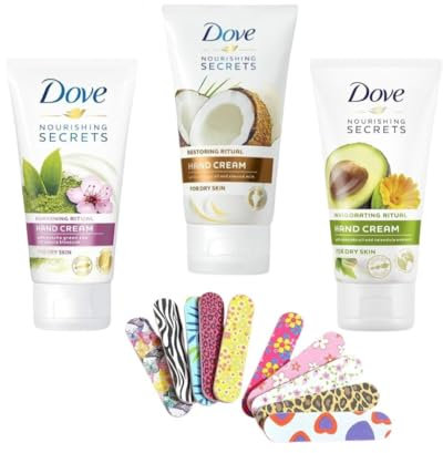 3-Pack Assorted Dove Nourishing Secrets Hand Cream 75ml with 1 Nail File. Dermatologically-Tested Hand Moisturiser to Give Dry Hands Long-Lasting Softness. Hand Cream for Women with Dry Skin.