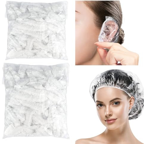 Showercap Disposable Shower Caps - 100 Pack Large & Thick Waterproof Clear Plastic Elastic Hair Caps for Women, Men, Kids - Perfect for Home, Travel, Salon, and Spa Use - Also Includes Ear Covers!