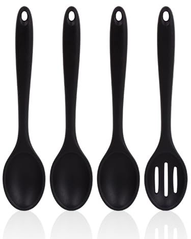 Juego de 3 cucharas de cocina, 1 colador, juego de cucharas de cocina de silicona, juego de cucharas mezcladoras de silicona, cucharas mezcladoras antiadherentes, cucharas de cocina de mango largo,