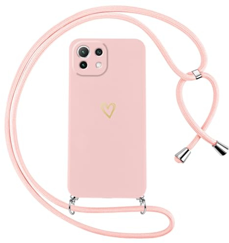 Oelrstfe Handyband für Xiaomi 11 Lite 5G NE/Mi 11 Lite 4G/5G Hülle mit Band Herz Motiv Handyhülle für zum Umhängen Silikon Stoßfest Ultra Dünn Weich Schutzhülle mit Kordel Kette Love Muster Case,Rosa