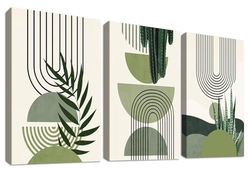 3Pcs Cadre en bois Impression sur Toile Feuille verte botanique Boho Tableau Image sur Toile Ligne géométrique Beige Vert Tableau Decoration Murale Salon Chambre Salle de bain 90x40cm(12x16x3pcs)