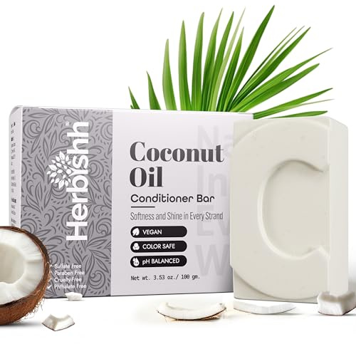 Herbishh Kokosöl Conditioner-Bar – Tiefenbefeuchtende feste Pflegeseife für trockenes & lockiges Haar – Repariert & pflegt, reduziert Haarbruch – Vegan & sulfatfrei, 100 g