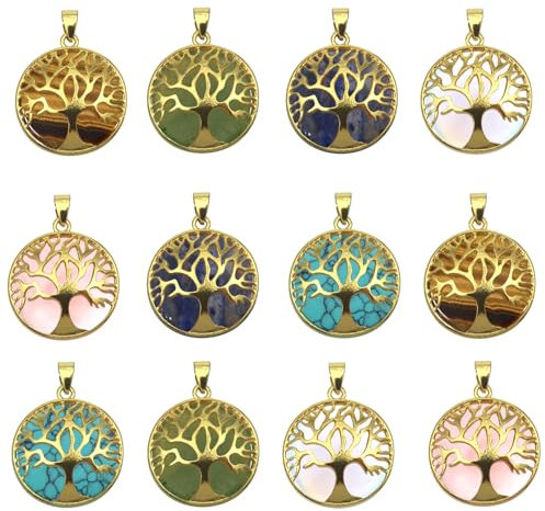 TOAOB 6 Stück Lebensbaum Anhänger Natursteine Charms Glücksbringer Bunte Anhänger für Halsketten Schmuck Gastgeschenke DIY Schlüsselanhänger