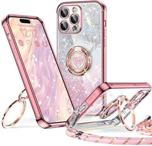 XYZ for iPhone 14 Pro Max Case with Stand, Soft Cute Luxury Love Heart for Women Girls, Double Ring Bling Glitter Clear Protective Phone Cover Case for iPhone 14 Pro Max - Pink