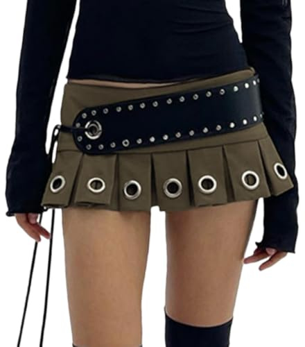 RSBFK Y2K Damenrock aus PU-Leder, niedrige Taille, Nietengürtel, plissiert, Mini-Clubwear-Rock, braun, S