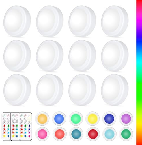 Yiliaw LED Puck-Lichter mit Fernbedienung,AA-Batteriebetriebene Lichter,12 Farben Schrankbeleuchtung,Unterbauleuchten,Drucklichter,Unterschrankbeleuchtung für die Küche,6er-Pack,Schwarz