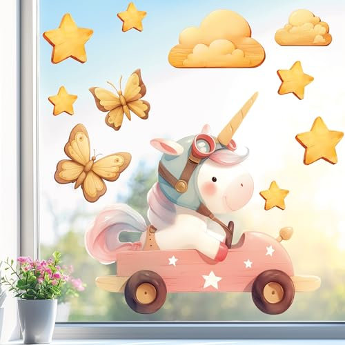 Sunnywall Fensterbilder Herbst für Kinder Tiermotive in Holz-Optik | Autos & Tiere als statisch haftende Fenstersticker, WIEDERVERWENDBAR (Einhorn, DIN A3 Bogen)