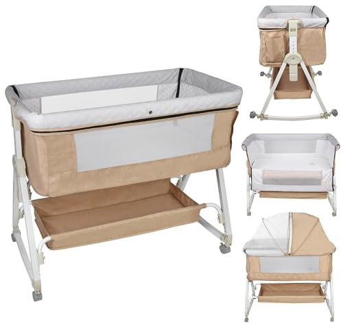 Beistellbett, Stubenwagen Babybett, mit Wickeltisch, Aufbewahrungskorb und Höhenverstellbar, Tragbares Kinderbett,Verstellbares Tragbares Bett für Säuglinge/Neugeborene (Beige, Mit Wickeltisch)