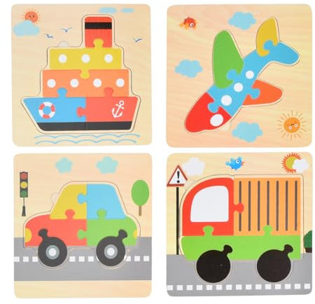 Holzpuzzle Kinder, 4 Stück Holzspielzeug Puzzle, Lernspielzeug Steckpuzzle Holz, Fahrzeug Holzpuzzle Geschenke für Kinder ab 1 2 3 Jahr - 15 x 15 cm