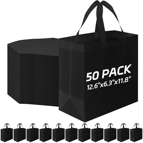 50Pcs Reusable Tote Bags Bulk, Large Shopping Bags Non Woven Grocery Bag Gift Bag with Handles for Party Retail Boutiques, Black