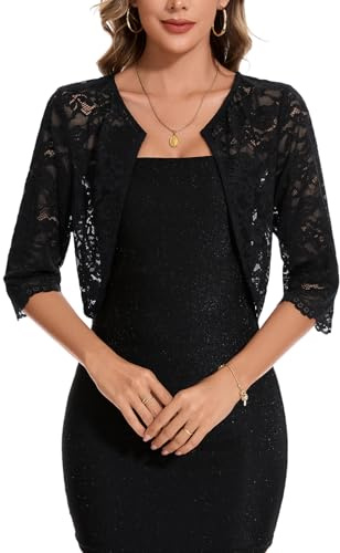 Womens Lace Bolero Shrug 3/4 Sleeve Crop Length Cardigan Dress Cover Up | Womens Hook Button Cardigan Lace Bolero Shrug 3/4 Sleeve Shrugs Crop Length Dress Cover Up Elegant Weddings Boleros