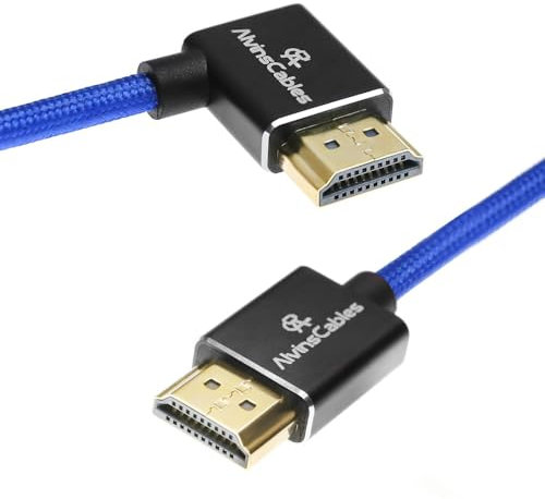 Alvin's Cables Câble spirale tressé 8K HDMI 2.1 haute vitesse 8K à 60Hz 4K à 120Hz pour Atomos Ninja, pour Feelworld, Sony FS5 FS7 FX9, BMPCC, pour Canon C300 C500, Bleu à angle droit