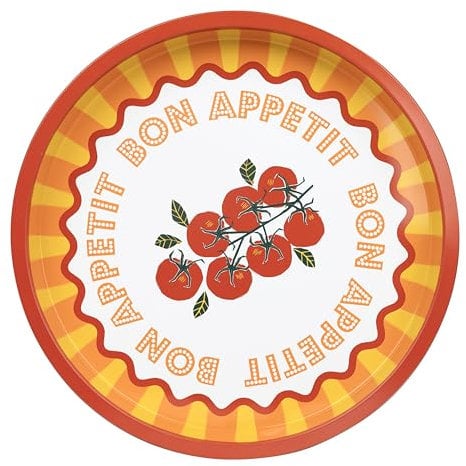 Talking Tables großes rundes Serviertablett für Getränke, Snacks, Gewürze dekoratives und farbenfrohes Tomatendesign ideal für Sommeressen, BBQ, Outdoor-Dining Gartenpartys Aus Zinn 31 cm