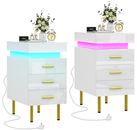 Nachttisch Schmal 2er set, Nachttisch Weiß Hochglanz mit LED, Einstellbare 16 Farben, 3 Schubladen, Schiebekommode Oben, Beistelltisch Nachtschrank für Schlafzimmer Wohnzimmer 55x35x67.5 cm