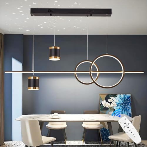 TJSC LED Pendelleuchte Esstisch, 49W Dimmbar Hängelampe mit Fernbedienung, Sternenhimmel Unabhängig Steuerbare Hängeleuchte, 120cm Höhenverstellbar Pendellampe, Für Esszimmer, Küche, Schwarz, 120cm