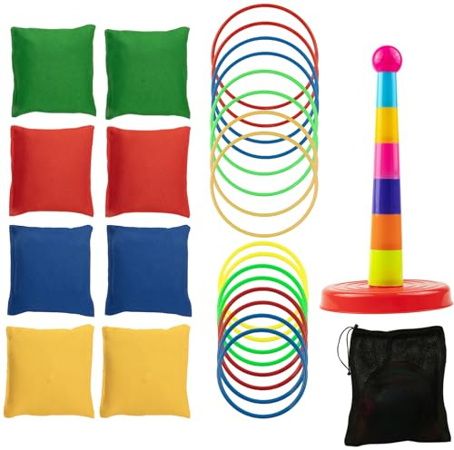 Lekabee Karnevals Spiele Set für Kinder, 3 in 1 Ringwurfspiele Outdoor Spiele Combo Set für Kinder, Plastik Turm Säule Wurfsäckchen Bohnensäckchen, Geschenk für Geburtstagsfeier/Weihnachten