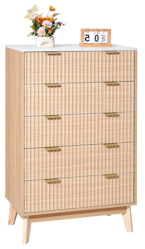 VEVOR Kommode mit 5 geriffelten Schubladen, Holzkommode mit Schiebe- und Kippschutz, moderner minimalistischer Retro-Schubladenschrank Organizer für Wohnzimmer Schlafzimmer Flur (helles Holz)