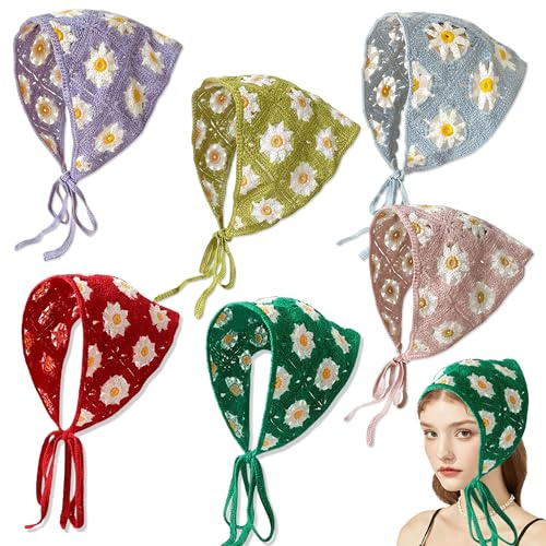 JNYUTEEN Damen Stirnbänder, 6 Stück Boho Stirnbänder Kopftuch, Gestrickt Sommer Dreieck Kopftücher Bandanas Turban Krawatte Haarbänder Floral Kopftuch für Frauen