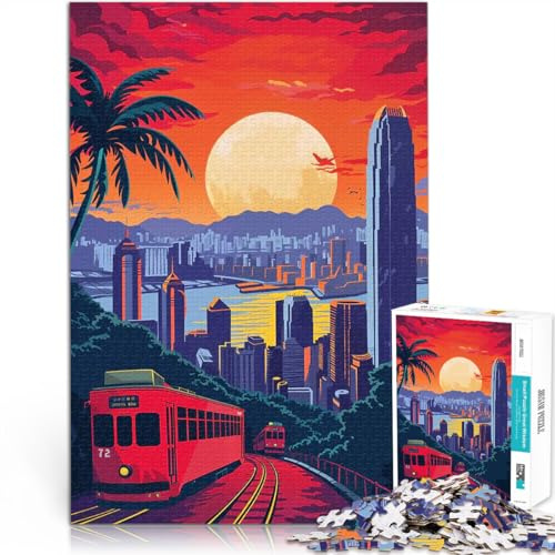 1000 Adult Pieces Jigsaw Puzzle Hong Kong Skyline Tram Herausforderndes Spiel Einzigartige Geburtstags- und Geschenkideen38x26cm