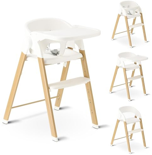 Deryan Baby & Toddler High Chair - Compact Foldable Highchairs, Adjustable Height, Comfortable Chair & Table, Removable & Adjustable Tray, 6 Months Till 50kg (White/Wood)