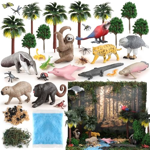 37PCS Rainforest Animals Figures Toys Set, Rainforest Diorama Supplies