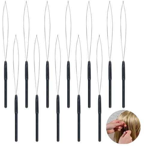 12Pcs Hair Extension Loop Needle Threader Tool, Hair Loop Pull Through Tool | Micro Rings Nano Beads Device Tool Styling Accessories for Hair Extensions or Feather Extensions