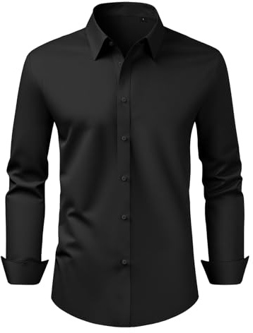VEVOR Men's Button Up Shirt, Mens Long Sleeve Wrinkle-Free Button Down Dress Shirts, Slim Fit Soft Stretch Fabric for Business Casual or Formal, Work, Wedding, Dinner, Black
