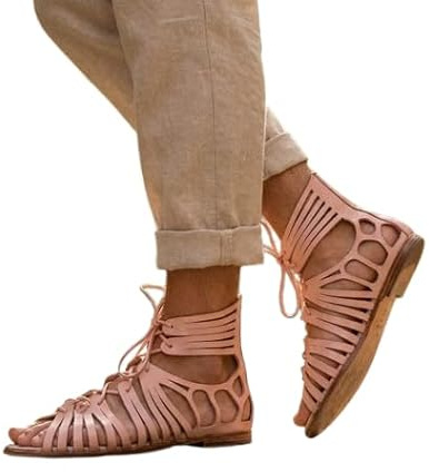 Mdhel Women’s Handmade Gladiator Sandals – Pink Leather Roman Style Open Toe Lace Up Flat Shoes | Comfortable Summer Footwear for Casual, Party & Beach (US 12)