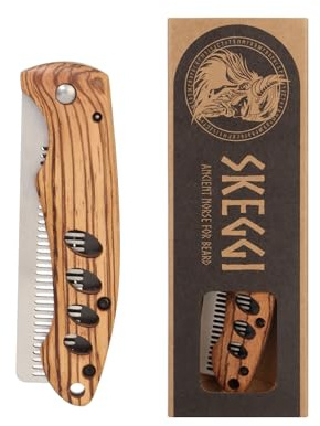 Skeggi Folding Beard Comb – Wooden & Stainless Steel Beard Combs for Men, Fine Tooth Hair Comb, Beard Brush for Men, Moustache Comb, Premium Grooming Metal & Wooden Beard Combs with Gift Box
