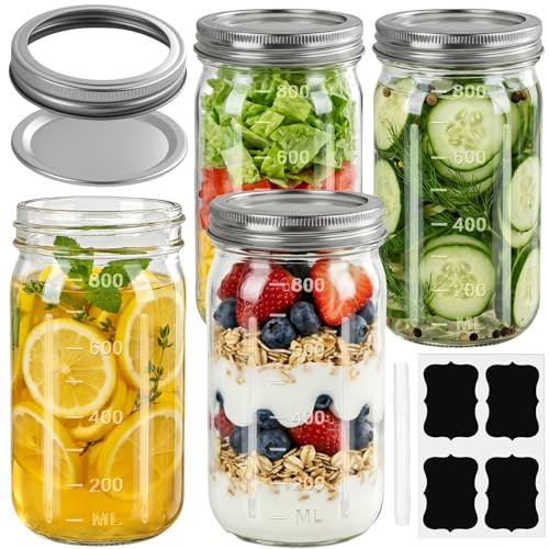 Otauoaea Lot de 4 Mason Jars 940ml Bocaux Mason,Bocaux en Verre pour Overnight Oats,Bocal en Verre avec Couvercle Hermétique,Pot Conservation Verre Bocal à Pickles pour Confiture, Yaourt, Miel, Salade