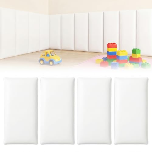 OJTOJT 4 Wandpolster Selbstklebende 20x40cm, fürs Kinderzimmer (Weiß) | 3D Wandpaneele, PU Wasserdicht Wandpaneel Gepolstert, Wandkissen Kinderzimmer Prallschutz für Schlafzimmer