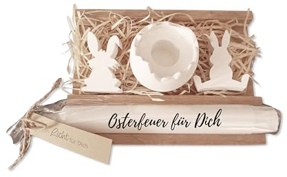 Generisch Geschenkset Ostern aus Raysin mit Kerze, Hasenfiguren und Eierschale, Weiß, Handgefertigt, Osterdeko Set mit Kerzenhalter