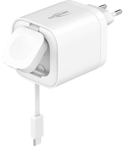 ANSMANN 65W USB C Ladegerät - GaN Schnellladegerät für iPhone & MacBook | Netzteil mit integriertem USB-C Kabel und Apple Watch Charger, Power Delivery Ladestation für iPad und Multi-Geräte