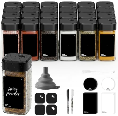 KDIUD 24 Gewürzgläser Eckig mit Drehdeckel,Gewürzstreuer Glas 120 ml - Gewürzdosen Set Starke Versiegelung - Gewürz Organizer - Gewürzbehälter mit Etikett-Gewürzglas Spice Jars(Schwarz)