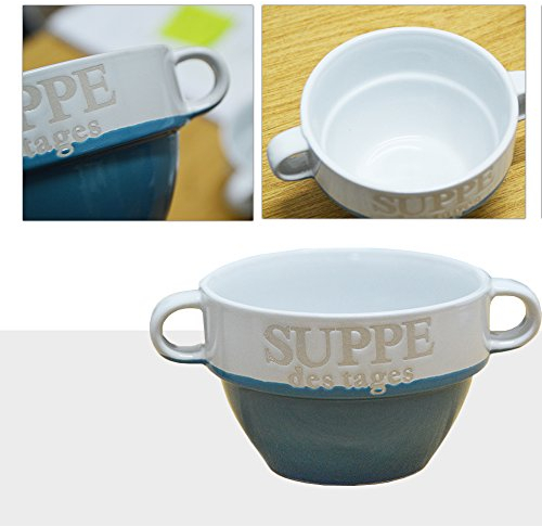 6er Set Suppentasse Suppen Tasse Suppenschüssel Schüssel Suppenterrine Landhaus Suppentassen 8 cm Ø 13 cm Suppenschalen für 6 Personen aus Porzellan, Schalen Füllmenge: 550 ml, mit Henkeln Blau