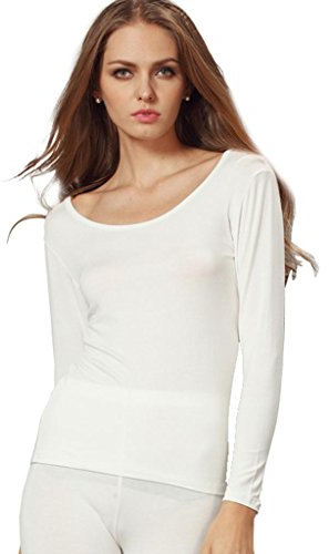Liang Rou Women's Scoop Neck Ultra Thin Basic Long Sleeve Shirt Off-White M