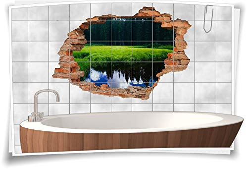 Medianlux Fliesen-Aufkleber-3D Fliesen-Bild Fliesen-Tattoo Fliesen-Sticker Wand-Durchbruch Wiese Wald-See Gras-Grün-e Landschaft Wasser-Spiegelungen, 120x80cm, 15x20cm (BxH)