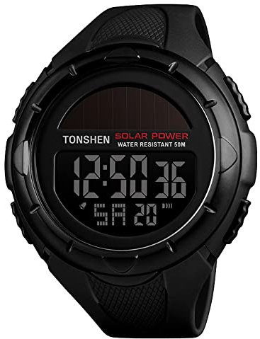 TONSHEN Unisex Grande Plastica Cassa Sportivo Solare Orologio e Gomma Cinturino Outdoor Militare 50M Impermeabile LED Elettronico Allarme Cronometro Digitale Orologi da Polso (Nero)