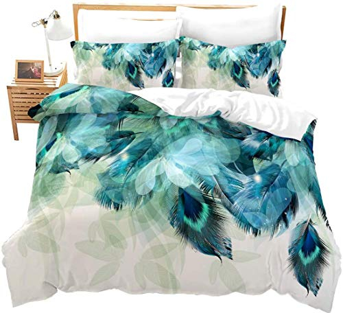 Kinder 3D Pfau Betten Set Feder Indisch Stil Bettwäsche Set Boho Weiche Mikrofaser Luxus Peacock Design Bettbezug mit 1 Kissenbezug 2 teilig 135x200 cm + 80x80 cm, Mädchen