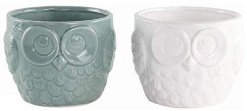 Muddy Hands Set of 2 - Grey & White Ceramic Owl Plant Pots Indoor Home House Decorative Succulent Cacti Cactus Planters
