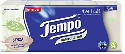 Tempo Fazzoletti Tascabili - 4 Veli Natural & Soft, 10 pacchetti da 9 fazzoletti – Colore Crema, fibre non sbiancate
