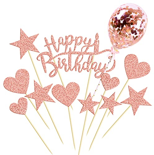 HONGECB Decorazione per Torta di Compleanno, Decorazioni per Torte con Glitter, Ghirlande con Cuori e sTelle, Stella Decorazione Della Torta Tema per Feste (Rosa)
