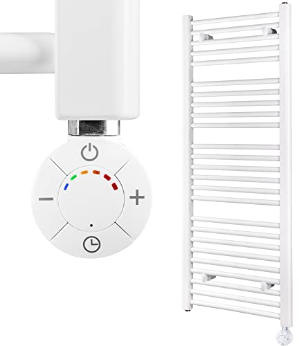 HEATSUPPLY® Handtuchheizkörper elektrisch weiß 1.142 x 500mm Badheizkörper elektrisch mit Thermostat inkl. 600 Watt Heizstab No. 2 mit Timer