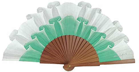 Abanico de Madera Español Pintado a Mano Simulando Relieve. (Blanco Perlado con Verde)