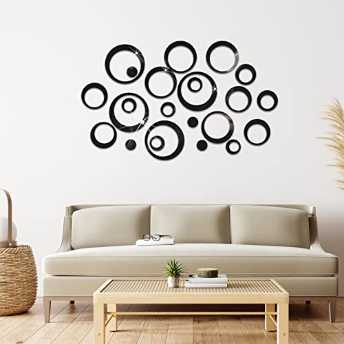 Kristallkreis 3D Acryl Spiegel Wandaufkleber - 24 Stück Runde Zimmer Deko für Schlafzimmer, Wohnzimmer - DIY Home Decoration (Schwarz)