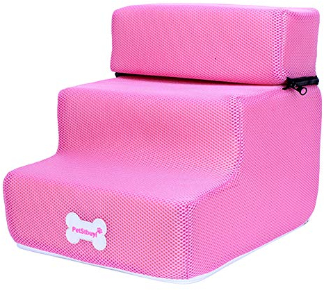 Pet Steps Hundetreppe Katzentreppe 3 Etagen Haustierrampe für hohe Betten, langlebig, rutschfest, abnehmbar, Schwamm, Hundetreppe Haustiertreppe Rampe für kleine und ältere Hunde, Rosa