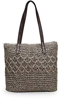 BOSANOVA Schultertasche im Shopper-Stil aus Sparto-Material mit farblich abgesetzter Bordüre und Tragegriffen. Mit Reißverschluss., braun, Talla única, Lässig